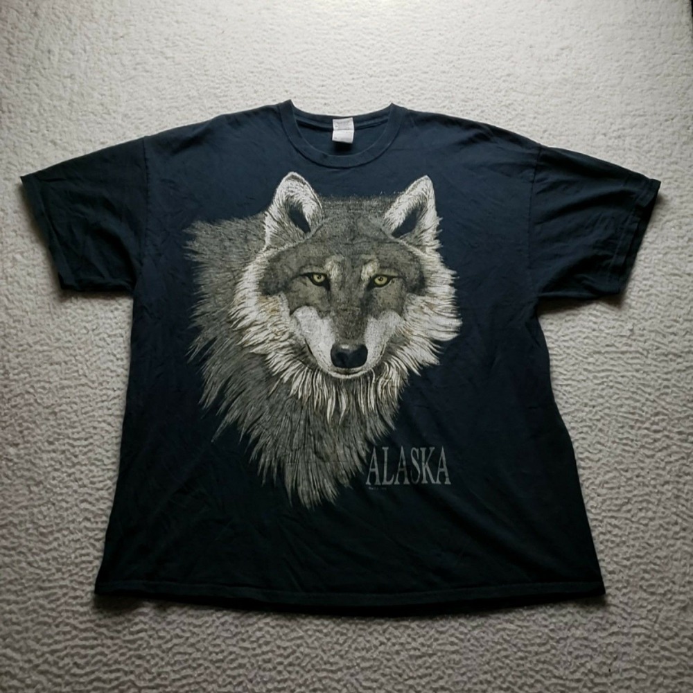 Gildan Shirt Mens 2XL Black Alaska Wolf Wildlife Graphic Tee Ultra Cotton Jersey